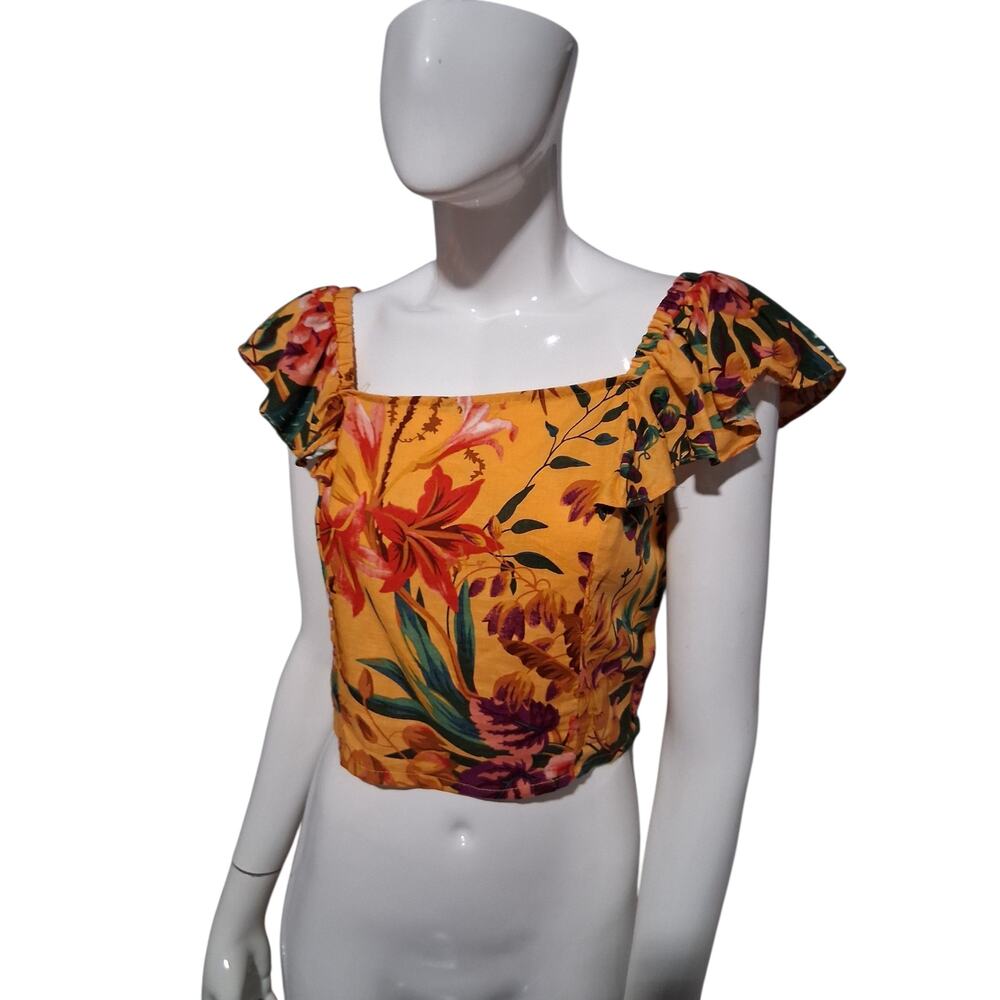 Rachel Roy Linen‎ Womens size Large Tropical Resortwear Beachy Smocked Crop Top